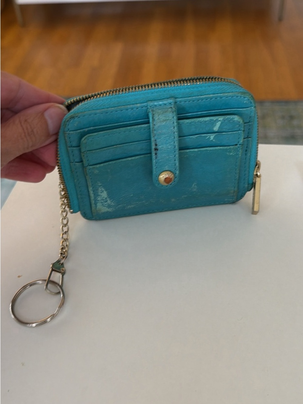 Hobo Turquoise Leather Zip Card Wallet with Keyring